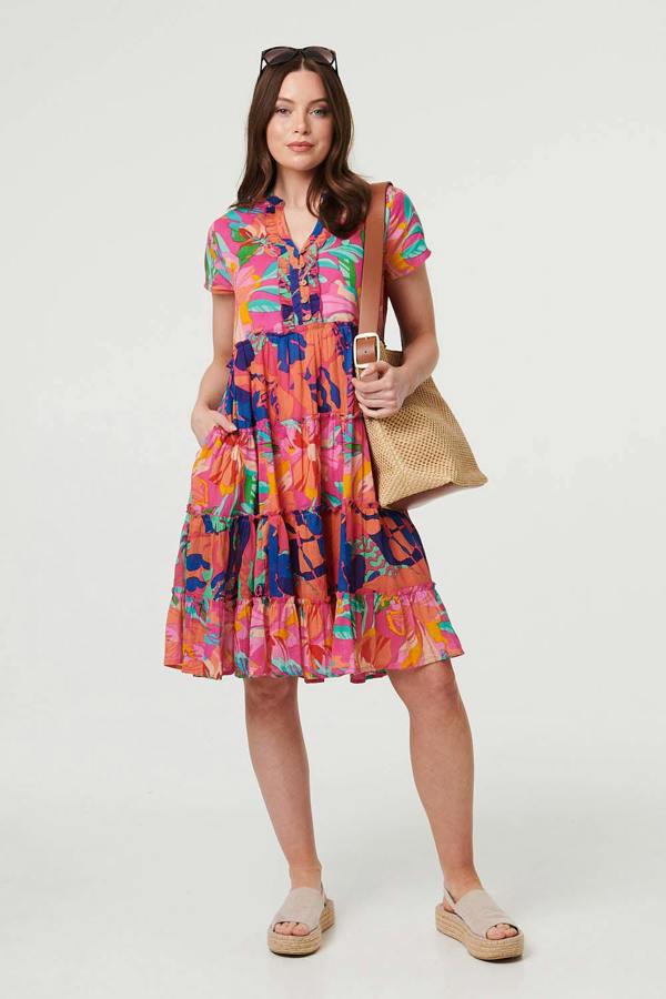Pink | Floral Tiered Knee Length Dress