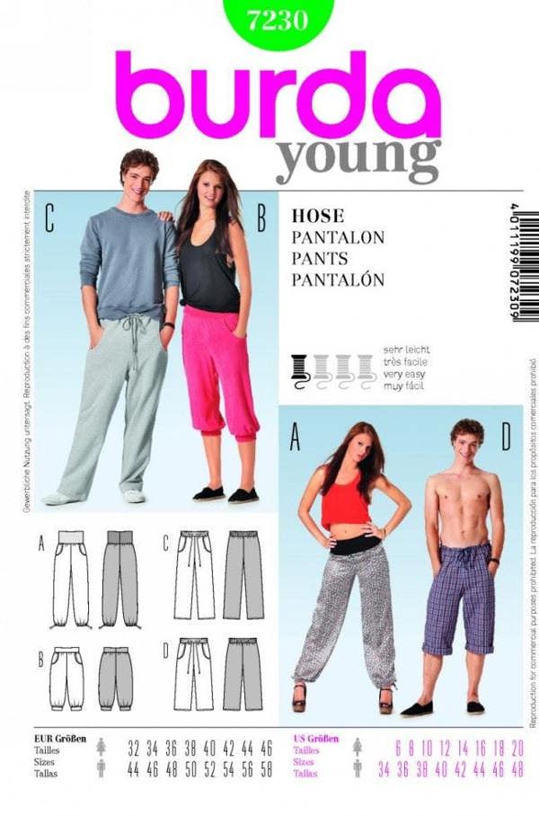 Burda Sewing Pattern 7230 Trousers For Men and Women, 6-20 / 34-48 - Easy