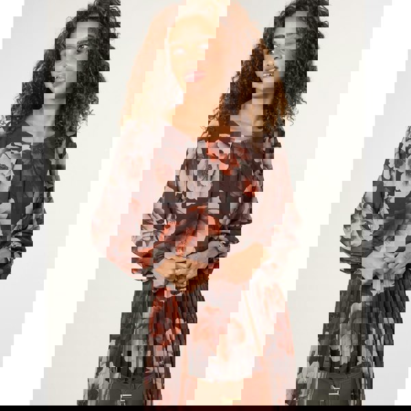 Blue Vanilla Large Watercolour Floral Scoop Neck Puffball Pleated Dress