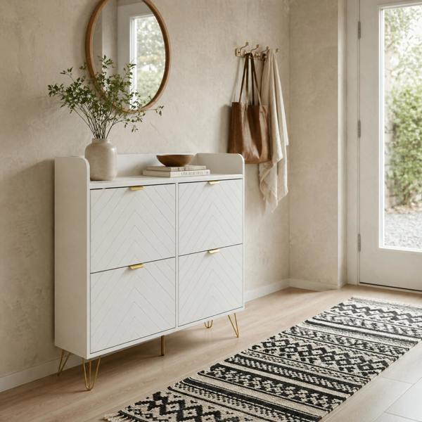 Wyld Haus Zikase Wooden White Chevron Slim Shoe Cabinet With 4 Flip Drawers For 16 Pairs