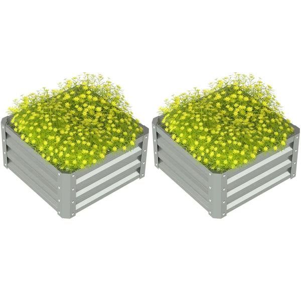 Set of two light grey steel planter boxes, 60x60cm, square with slatted sides and plants