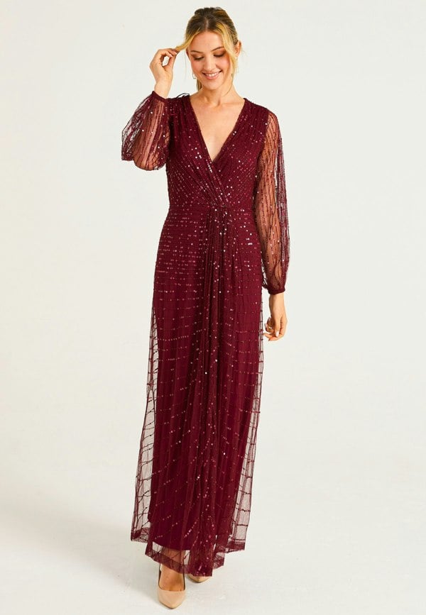 Embellished Long Mesh Sleeve Maxi Dress in Burgundy - ANGELEYE