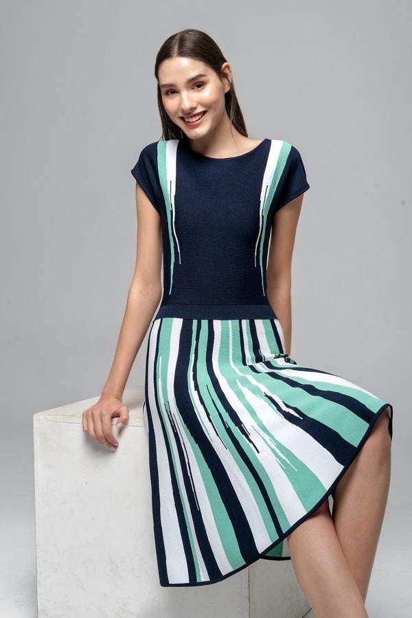 Rumour London Iris striped knitted fit and flare dress in navy and turquoise
