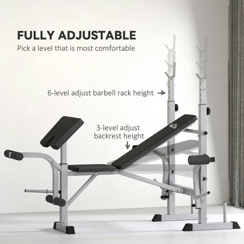 Bobobiy Adjustable Weight Bench with Squat Rack, Heavy Duty Bench Press Rack with Preacher Curl Pad, Grey