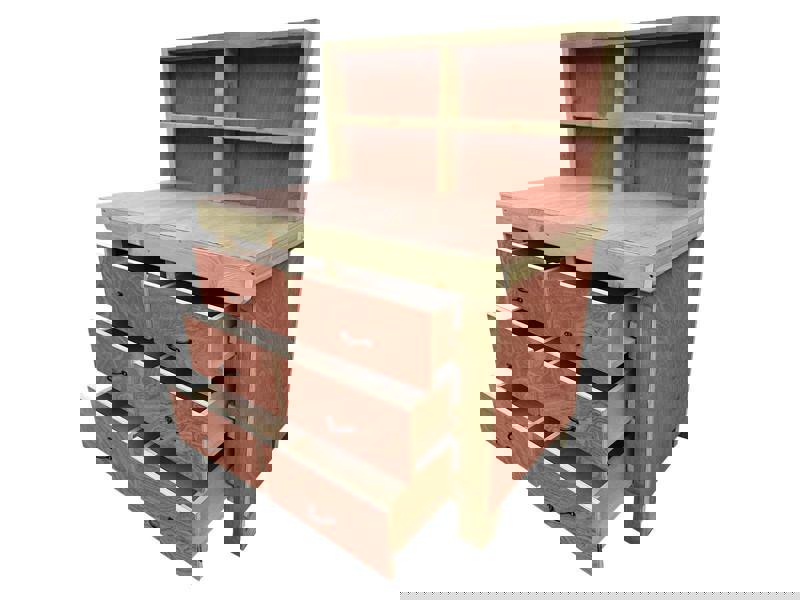 Wooden eucalyptus Top Workbench – Sturdy Tool Cabinet with Multiple Drawers for Organized Storage and Back Panel, Ideal for Dry Indoor Spaces Such as Garages, Workshops, and Studios