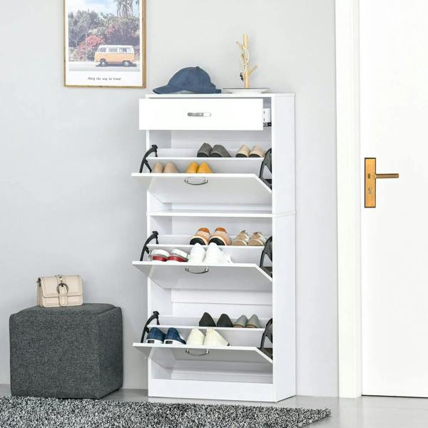 Open white shoe cabinet with multiple shoe shelves and flip drawers