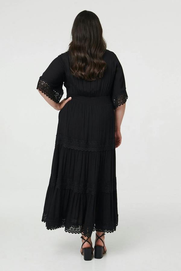 Black | Curve Tiered Lace Trim Maxi Dress
