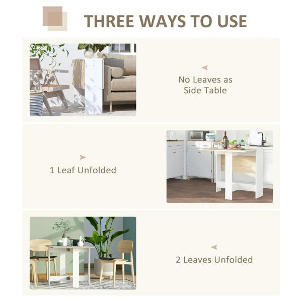 Drop-leaf folding table with oak top and white base, shown with one and two leaves.