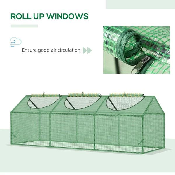 Green mini greenhouse with roll-up windows and mesh front vent panels