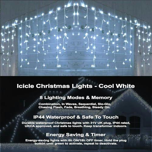 240 LED Icicle Lights 5m, Cool White Christmas String Lights with 8 Modes for Indoor and Outdoor Use image 8