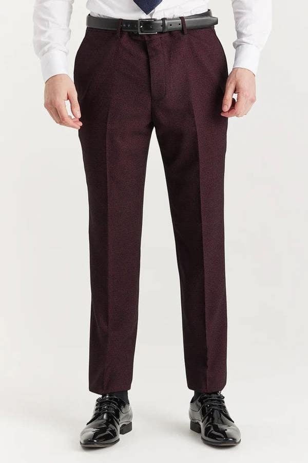 Infinity Leather Men's Wine 3 Piece Prince Of Wales Formal Suit
