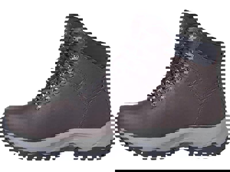 Karrimor Mendip 4 Mens Walking Hiking Lace Up Trek Leather Boots, brown leather hiking boots with black padded ankle collar and durable rubber soles.