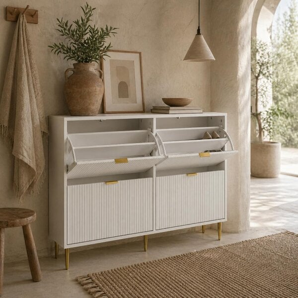 Wyld Haus Rokake Wooden White Elegant 4 Drawer Shoe Cabinet Ribbed Design