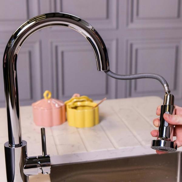 Flode Runda | Kitchen Sink Mixer with Pull out Spray | Chrome | Round Head
