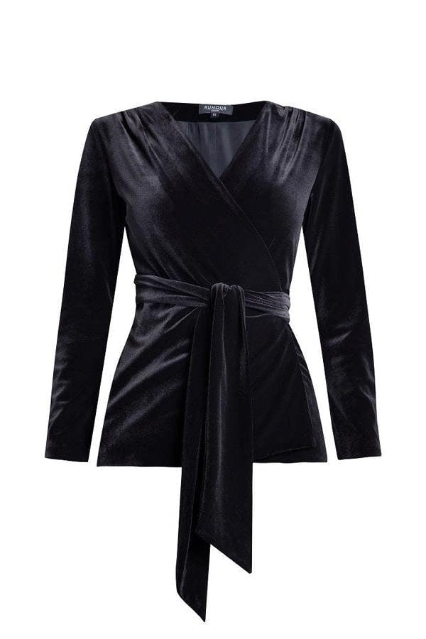Rumour London Evelyn velvet wrap jacket with a self-tie sash in black