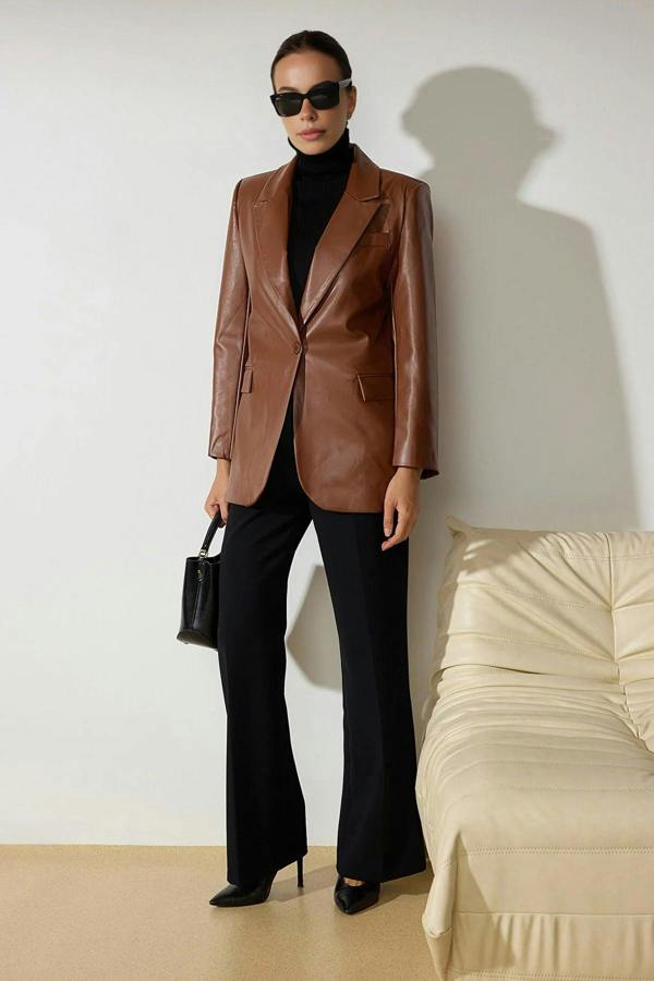 WOVCOR Woven Oversize Faux Leather Blazer Jacket