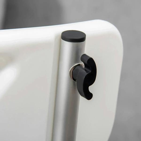 Height-adjustment clamp on a white shower stool leg with a black grip handle.