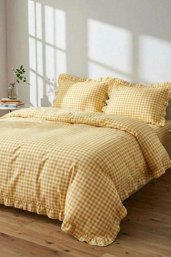Double Duvet Cover Set with Ruffle Detail and Gingham Pattern 200x220cm (Without Sheet)