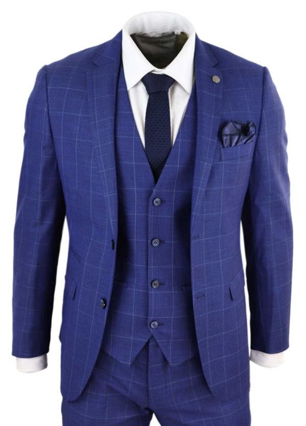 Paul Andrew Mens 3 Piece Royal Blue Check Vintage Retro Suit