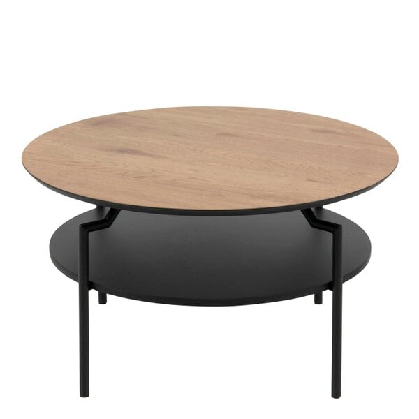 Wyld Haus Fuglebjerg Round Coffee Table Oak Top Black Metal Legs Bottom Shelf