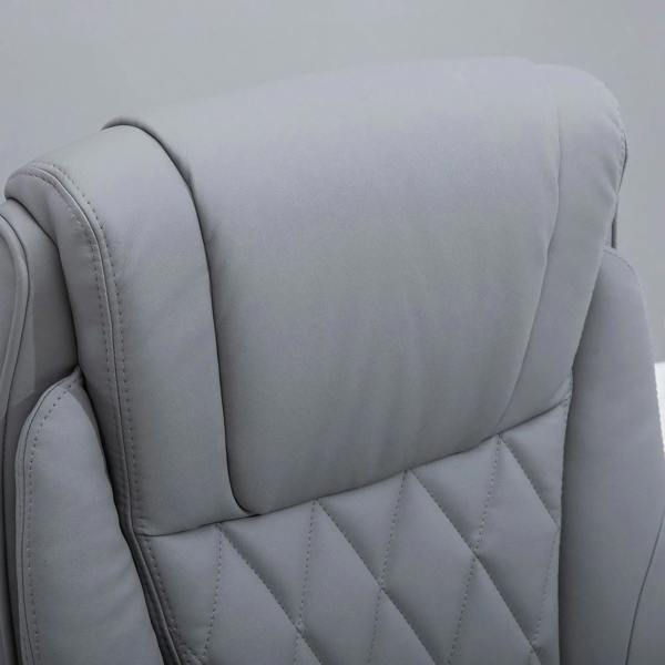Grey quilted faux leather office chair backrest with padded head and stitched seams