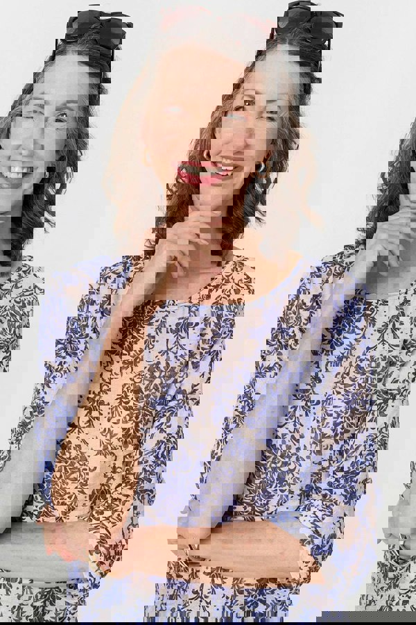 Blue | Baroque Print 3/4 Sleeve Relaxed Blouse
