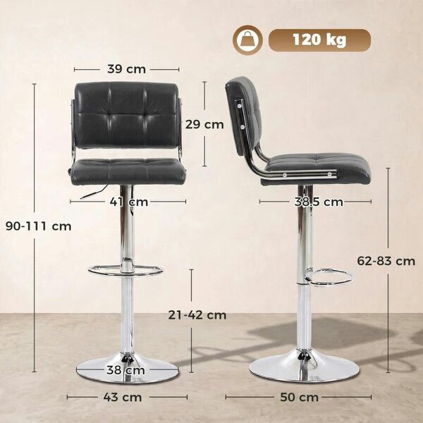 Bar Stools Modern PU Leather Adjustable Breakfast Bar Stools Backrest Set of 2 Grey