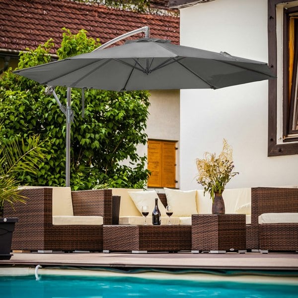 Easy Open 3m Banana Parasol Grey - Garden Dining Umbrella Patio Cover Canopy - LoopsDirect