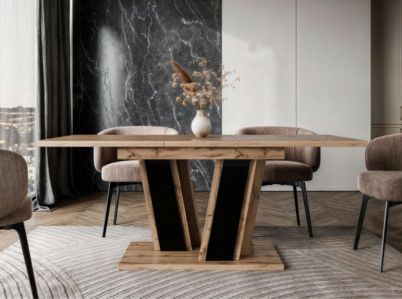 PHD Furniture MUSS Extendable Dining Table 120–160cm – Wotan Oak Effect & Black Gloss