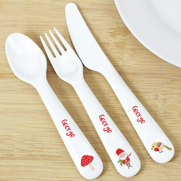 Personalised Memento Company Personalised Christmas Toadstool Santa 3 Piece Plastic Cutlery Set