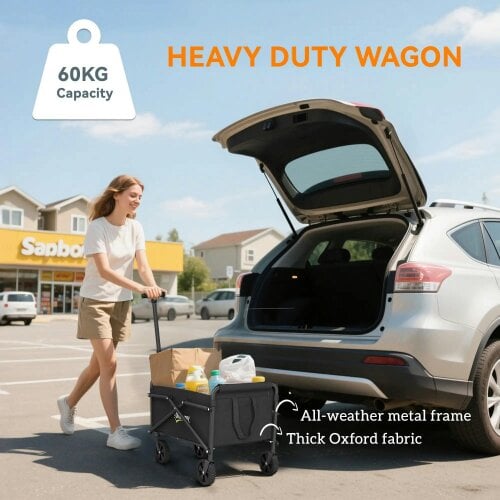 Bobobiy 41L Festival Trolley on Wheels, 60kg Heavy Duty Collapsible Foldable Wagon with Adjustable Handle and Carrying Bag for Beach, Black