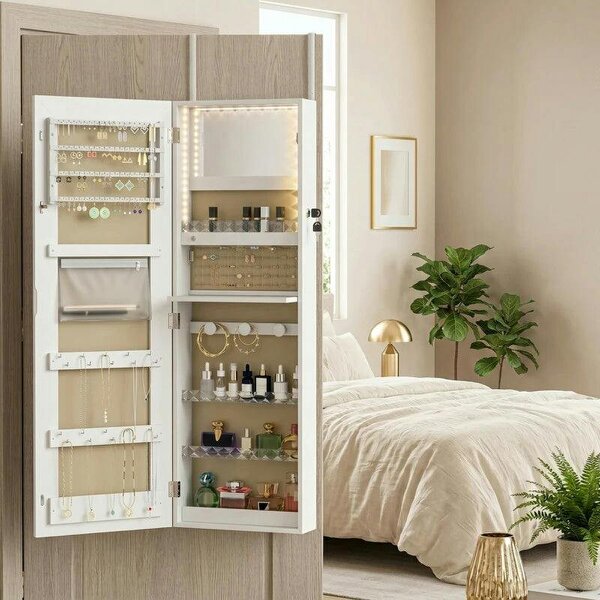LED Mirror Jewellery Cabinet, Wall Mounted Full Length Mirror with Storage, Lockable Jewellery Organiser, White