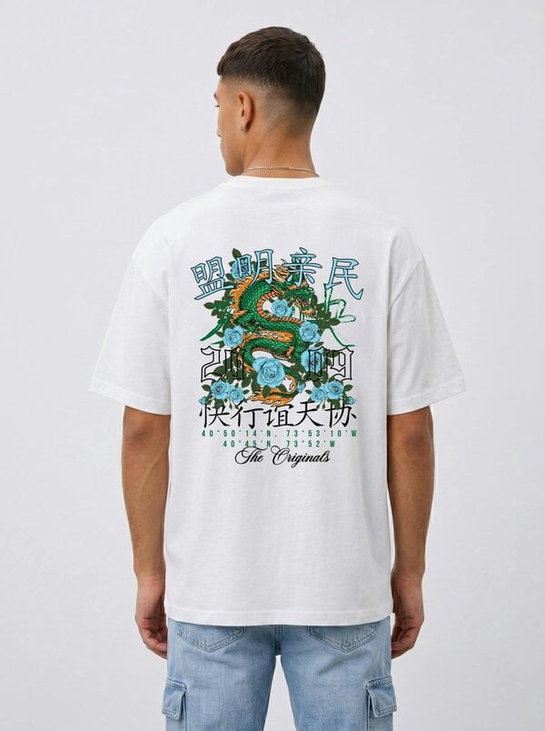 London Attitude Original Creators Dragon Graphic Heavyweight Oversized White T-Shirt