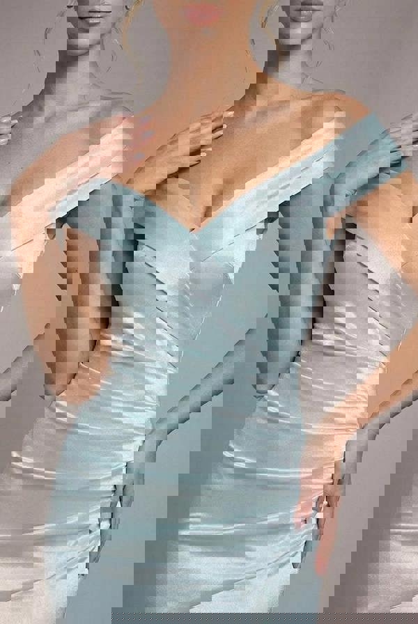 Satin Off Shoulder Pleated Maxi Dress - Sage Green DR3731