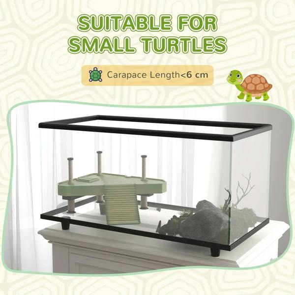 Glass turtle tank for small turtles with black frame and built-in basking platform