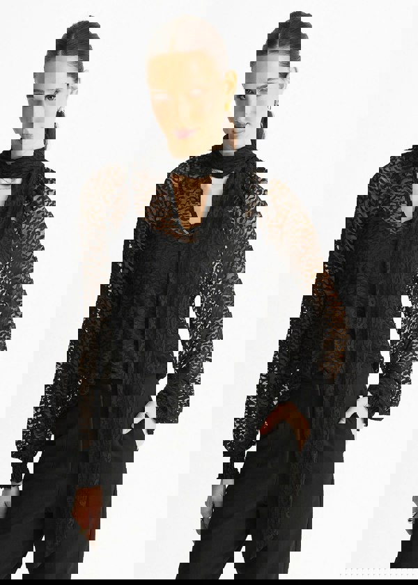 Gini London Black Animal Lace Neck Tie Detail Blouse