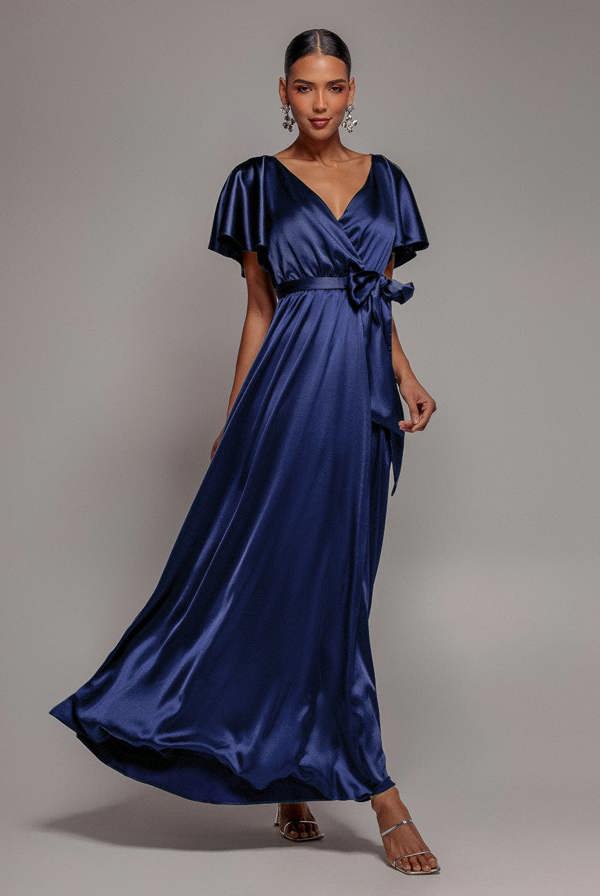 Satin Flutter Sleeve Wrap Maxi Dress - Navy Blue DR3640