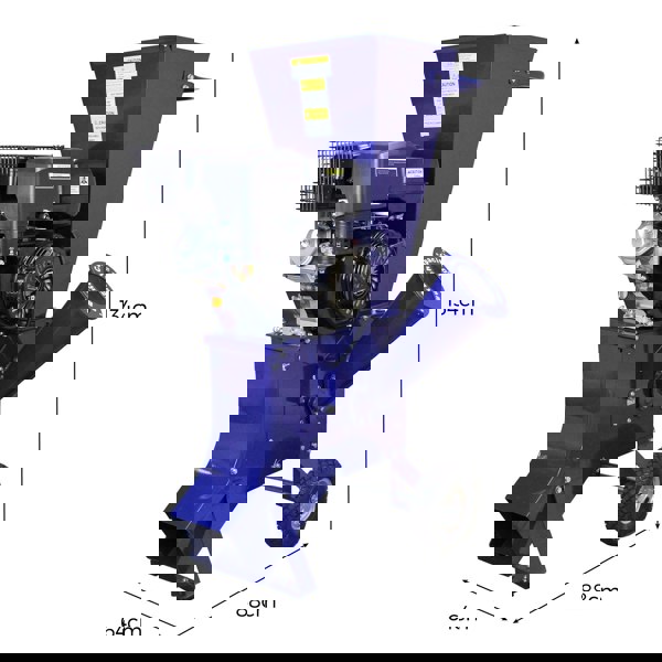 T-Mech 15HP wood chipper in vibrant blue, featuring a powerful engine, large chute, and sturdy wheels for easy mobility