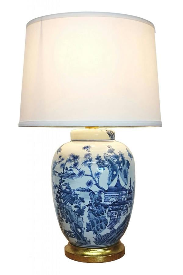Blue Gold Willow Chinese Oriental Ceramic Porcelain Table Lamp