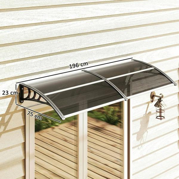 Black front door canopy awning with curved top and labeled installation dimensions