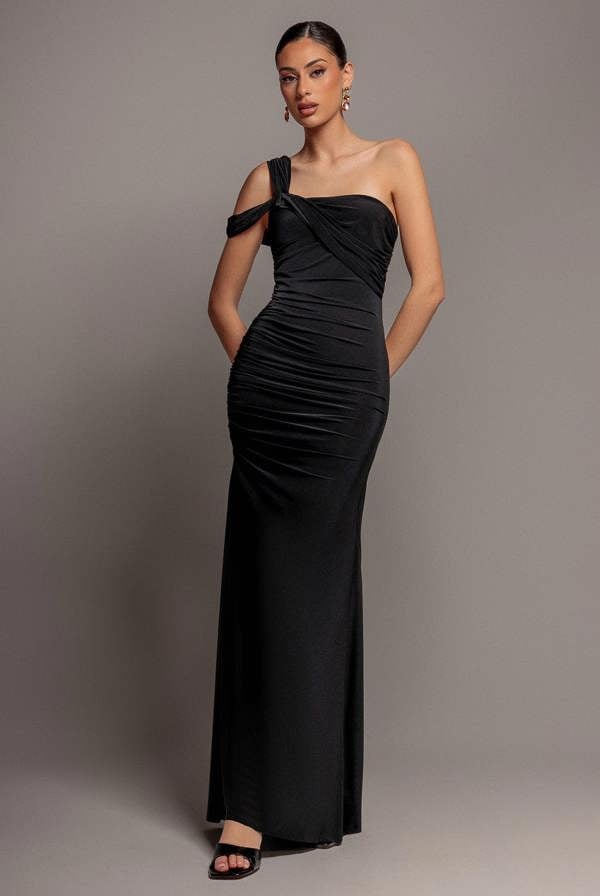 One Shoulder Asymmetric Twist Maxi Dress - Black DR5089