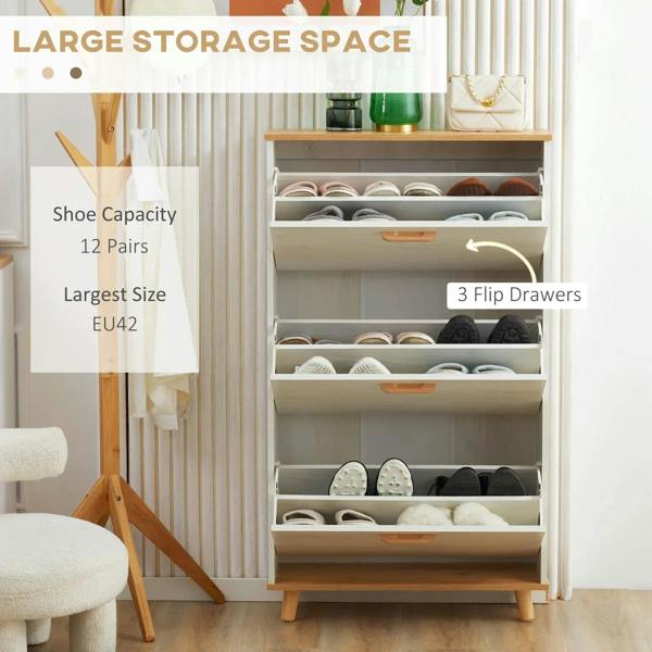 Slim white shoe cabinet opened to show three flip drawers with shoe slots
