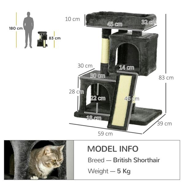 Black cat tree layout diagram with platforms, enclosed cubbies, and sisal scratching posts