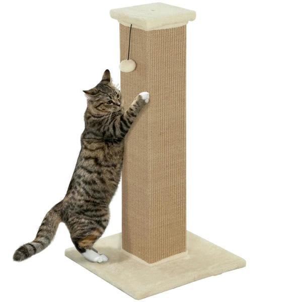 Beige vertical cat scratcher with natural jute rope and hanging ball on base