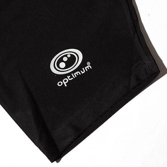 Close-up of black Optimum Multi-X shorts leg hem with white Optimum logo - Optimum