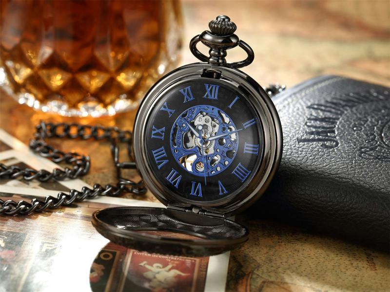 Infinity Leather Vinatage Mechanical Alloy Skeleton Half Hunter Pocket Watch