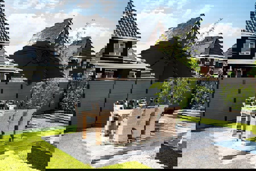 Garden Impressions Hawaii 350cm x 350cm Teak Effect Pole Square Cantilever Parasol with 120kg Moveable Granite Base