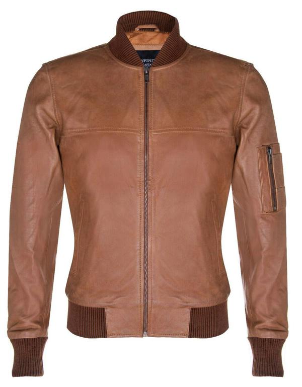 Infinity Leather Mens Tan Brown Leather MA-1 Varsity Bomber Jacket
