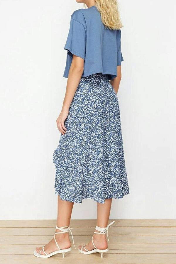 WOVCOR Printed High-Waisted Stretch Skirt with Gathering and Ruffles