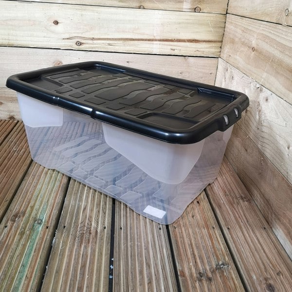 Samuel Alexander 2 x 42L Clear Storage Box with Black Lid, Stackable and Nestable Design Storage Solution